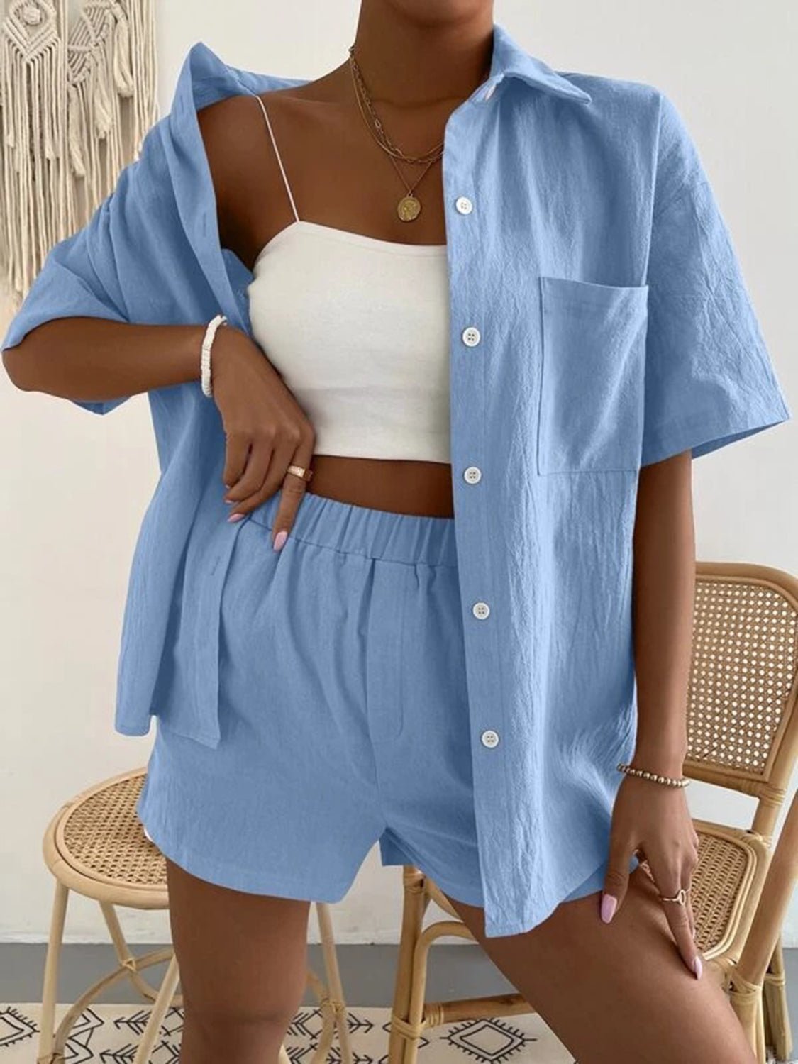 Button Up Short Sleeve Shirt and Shorts Set - Loulou Boutique