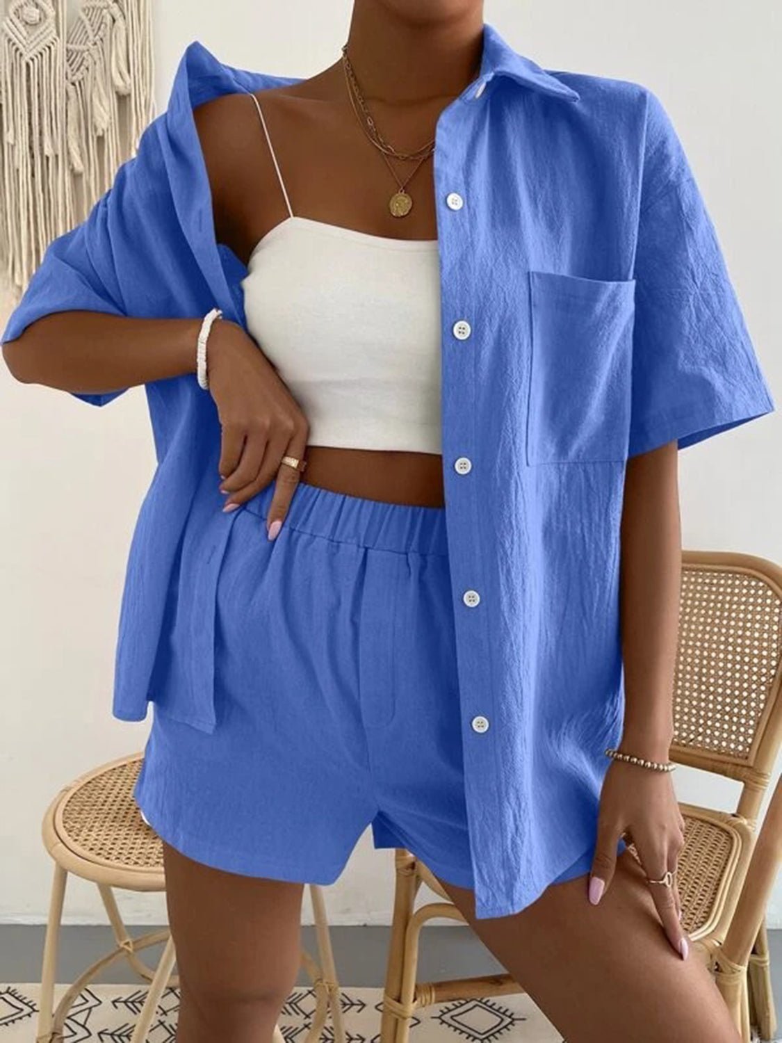 Button Up Short Sleeve Shirt and Shorts Set - Loulou Boutique