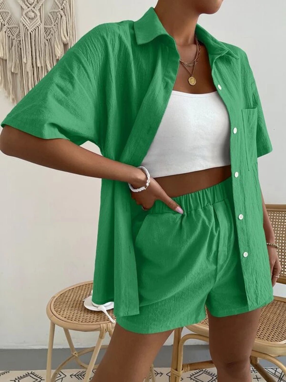 Button Up Short Sleeve Shirt and Shorts Set - Loulou Boutique