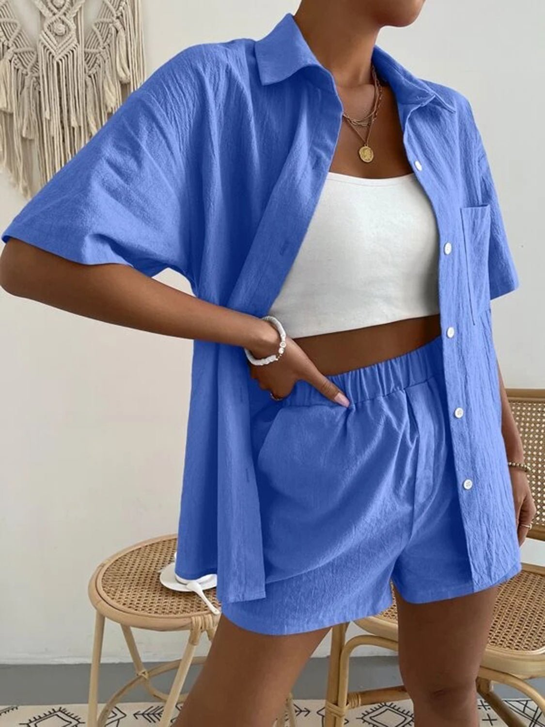 Button Up Short Sleeve Shirt and Shorts Set - Loulou Boutique