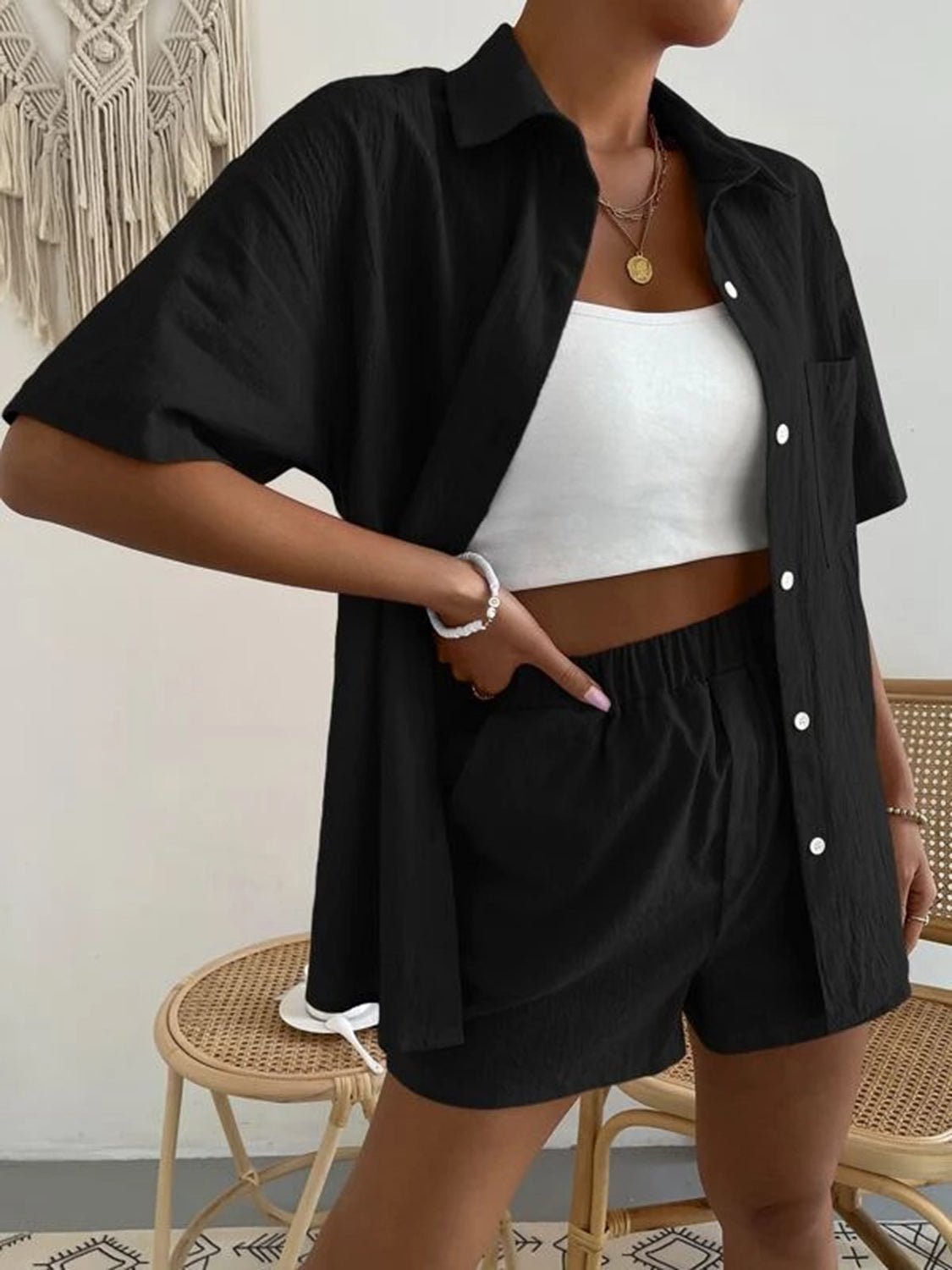 Button Up Short Sleeve Shirt and Shorts Set - Loulou Boutique
