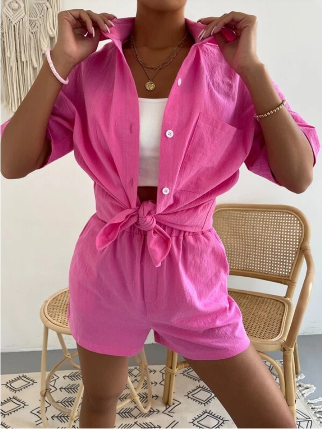 Button Up Short Sleeve Shirt and Shorts Set - Loulou Boutique