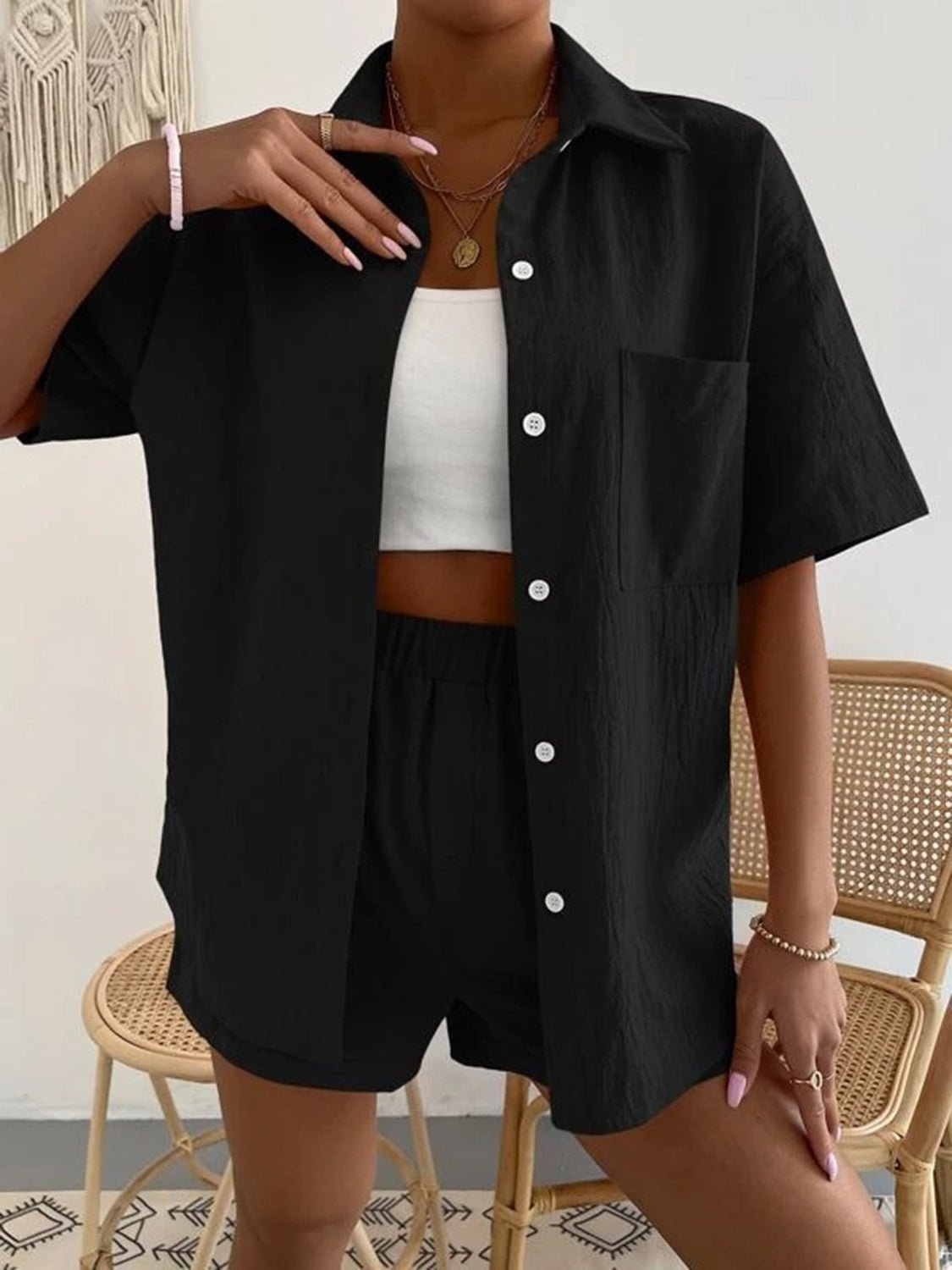 Button Up Short Sleeve Shirt and Shorts Set - Loulou Boutique