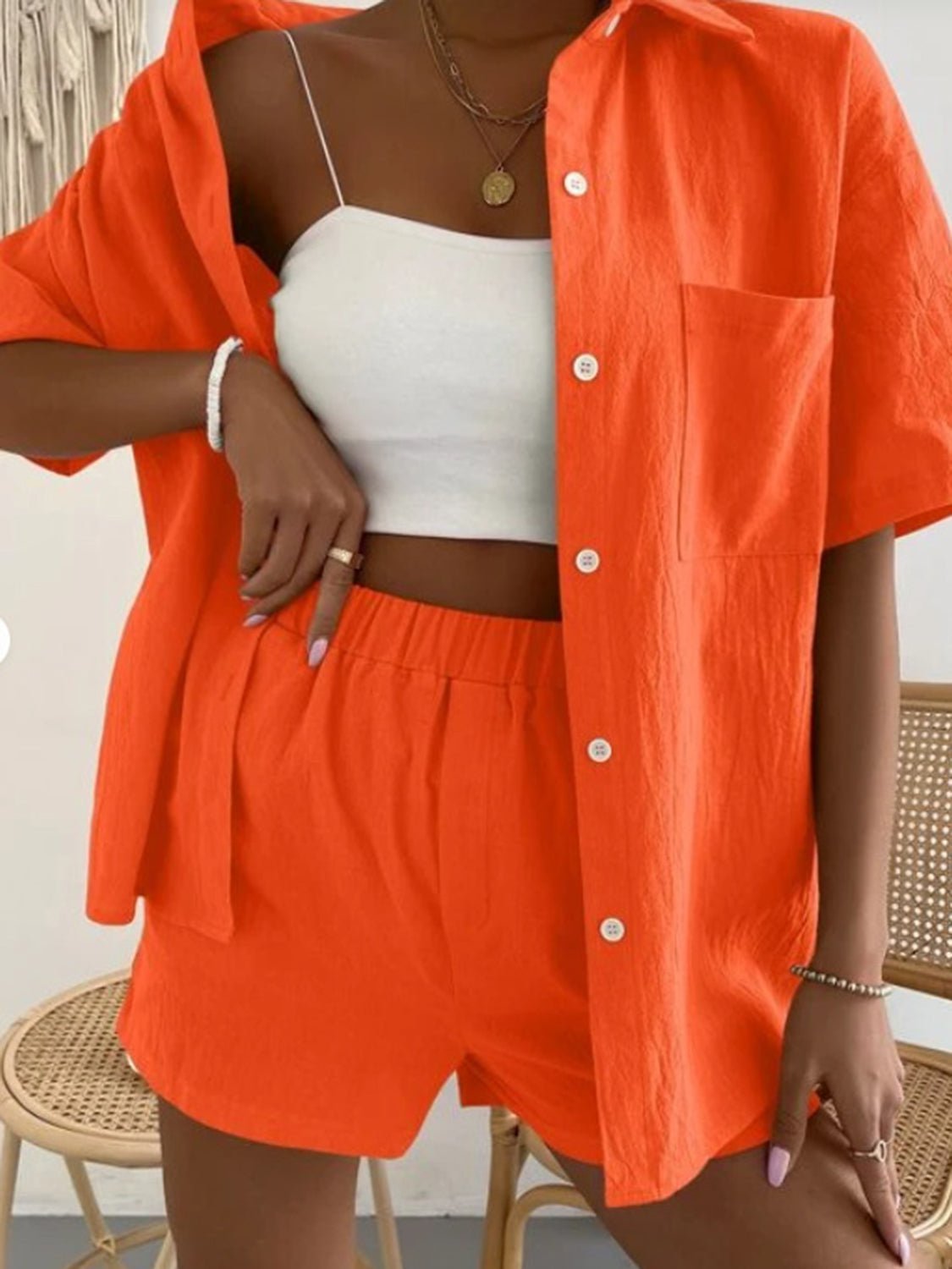 Button Up Short Sleeve Shirt and Shorts Set - Loulou Boutique