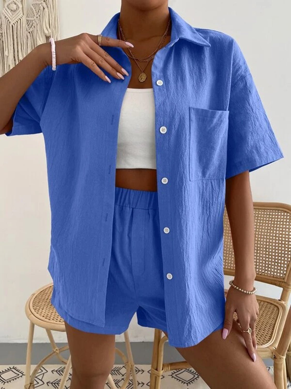 Button Up Short Sleeve Shirt and Shorts Set - Loulou Boutique
