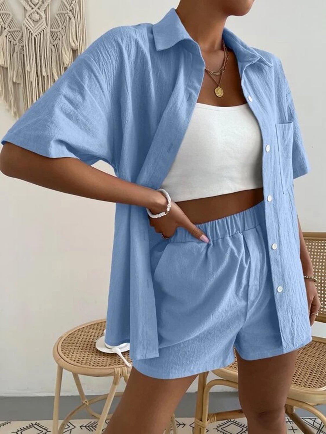 Button Up Short Sleeve Shirt and Shorts Set - Loulou Boutique