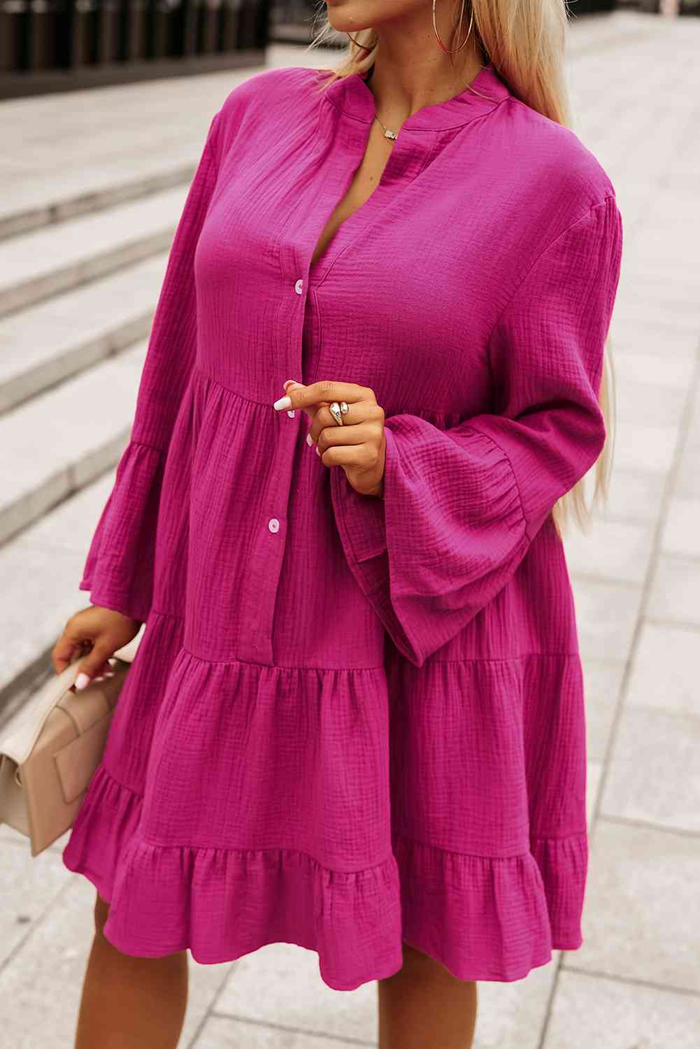 Buttoned Flare Sleeve Tiered Dress - Loulou Boutique