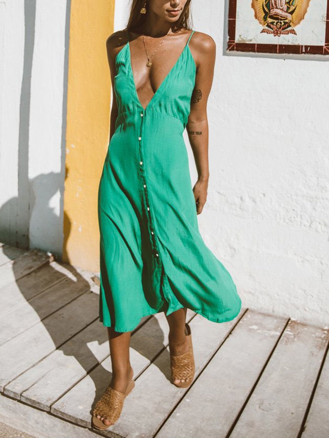 Buttoned Plunge Midi Cami Dress - Loulou Boutique