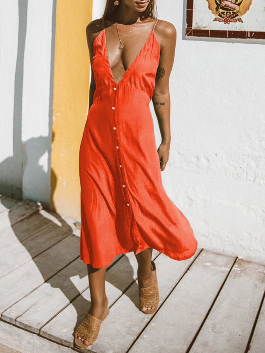 Buttoned Plunge Midi Cami Dress - Loulou Boutique