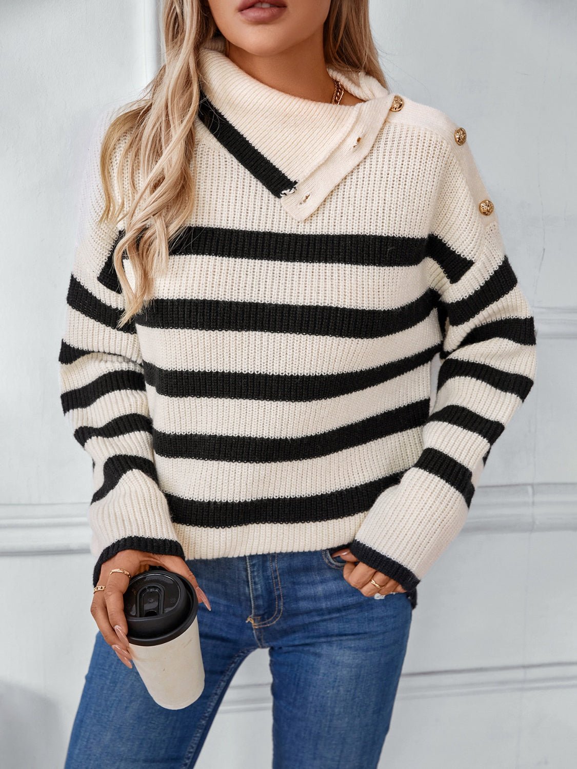 Buttoned Striped Long Sleeve Sweater - Loulou Boutique