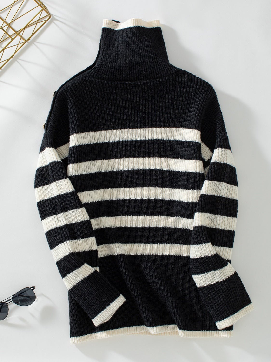 Buttoned Striped Long Sleeve Sweater - Loulou Boutique