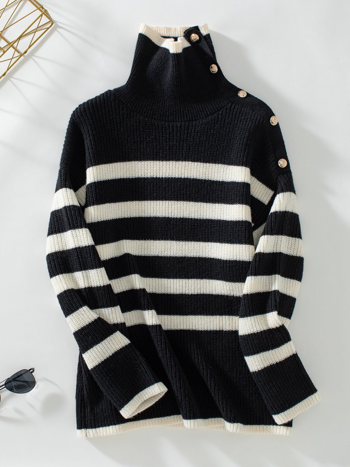 Buttoned Striped Long Sleeve Sweater - Loulou Boutique