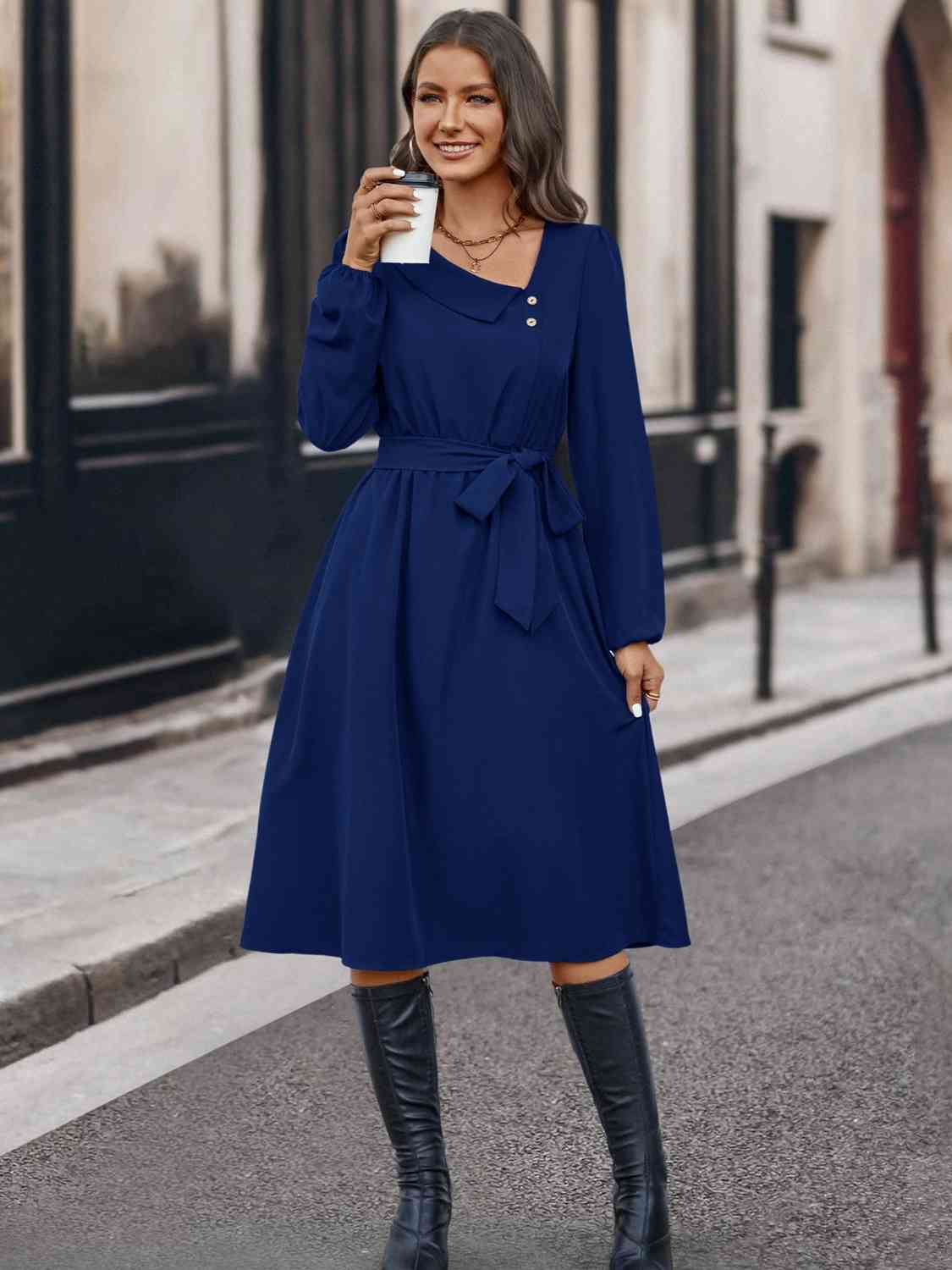 Buttoned Tie Front Long Sleeve Asymmetrical Neck Dress - Loulou Boutique