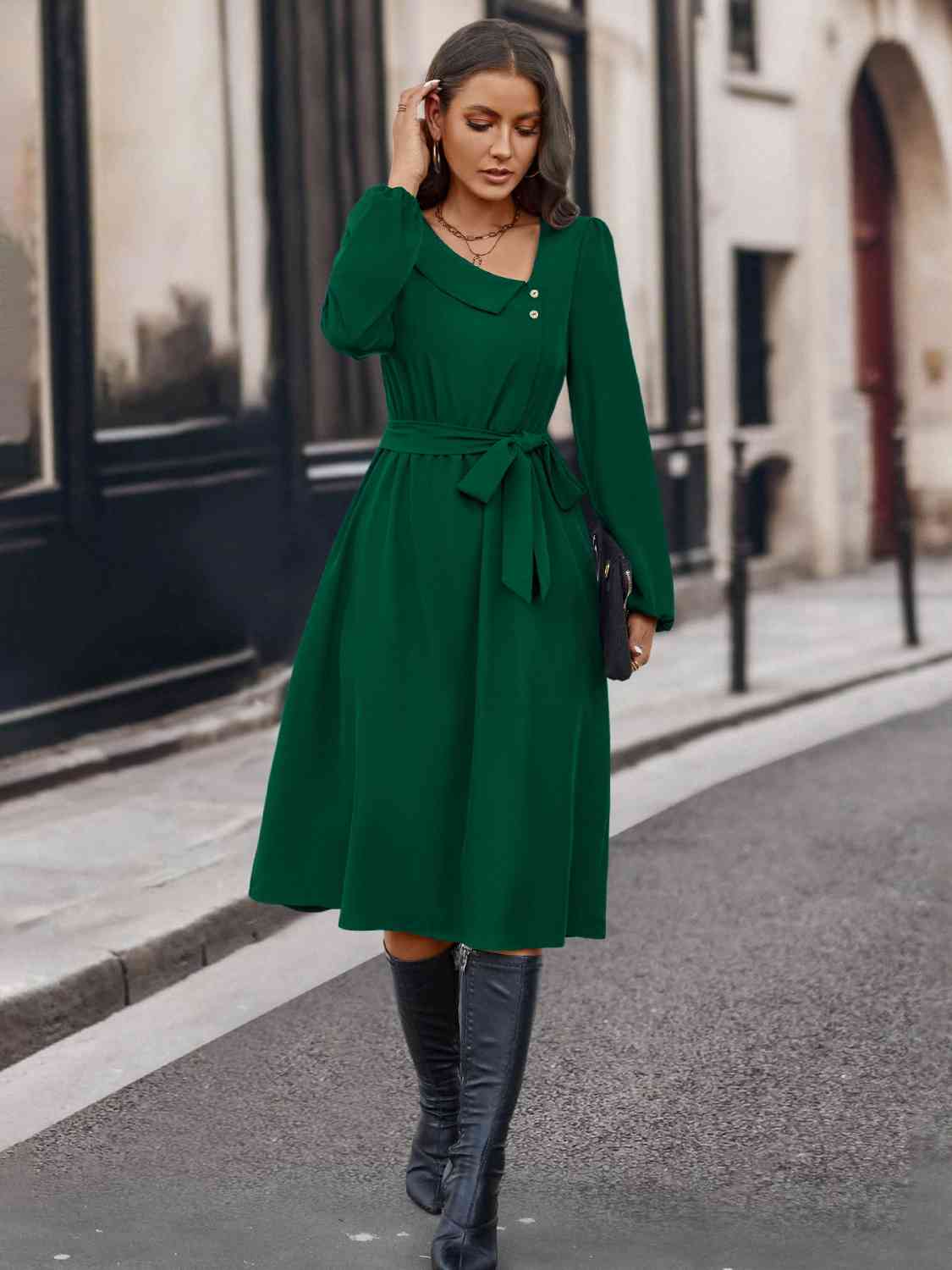 Buttoned Tie Front Long Sleeve Asymmetrical Neck Dress - Loulou Boutique