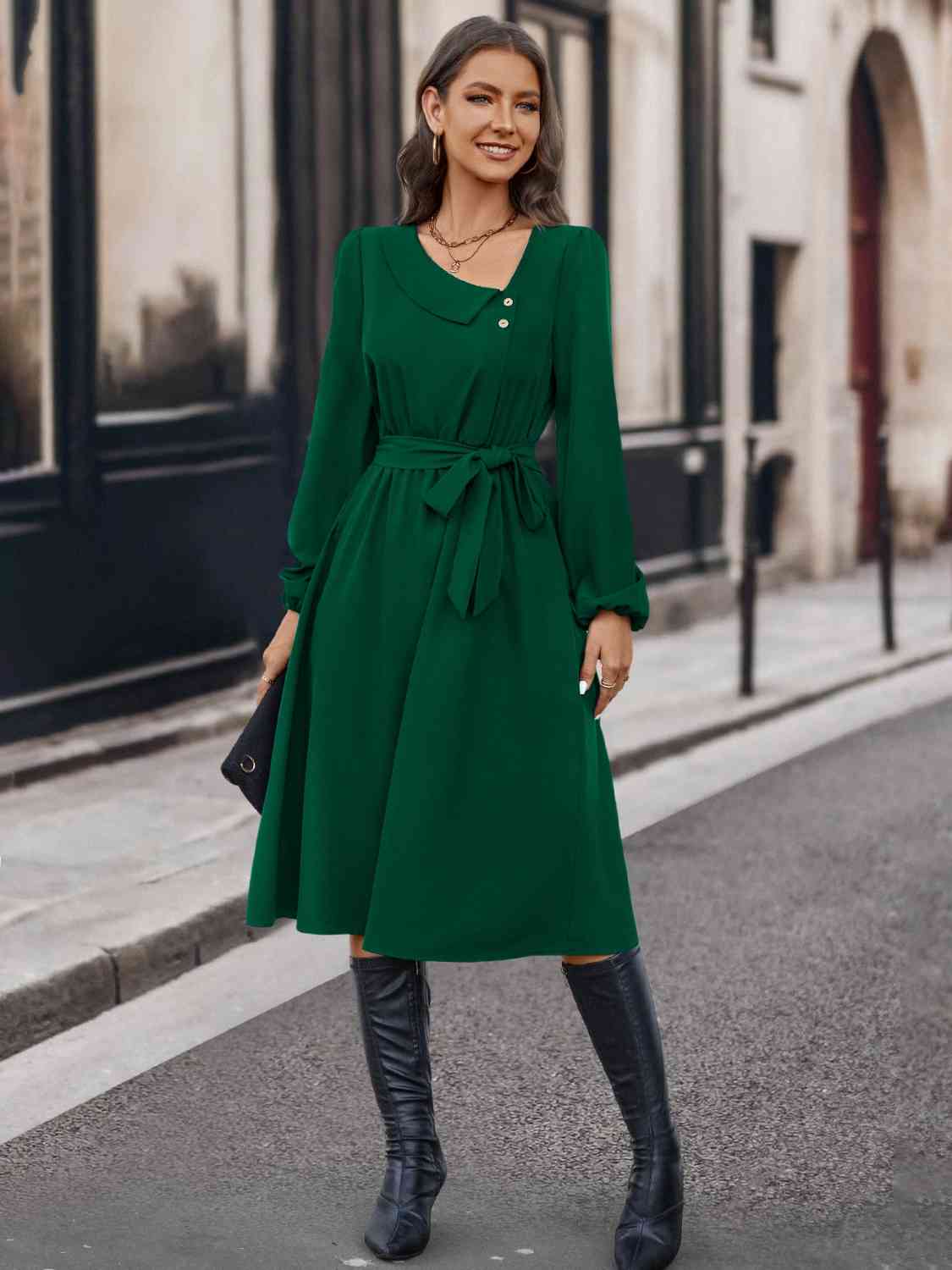Buttoned Tie Front Long Sleeve Asymmetrical Neck Dress - Loulou Boutique