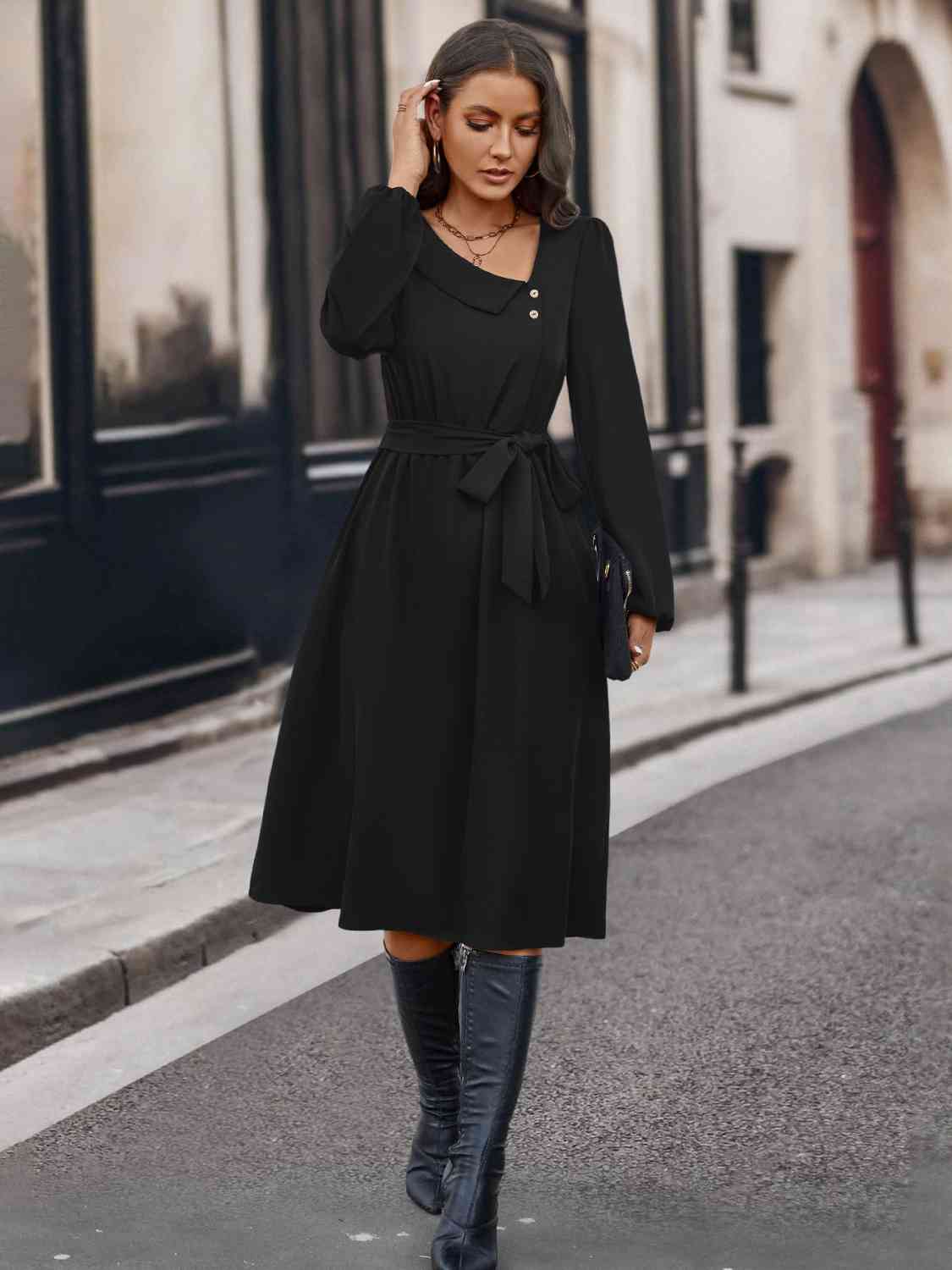 Buttoned Tie Front Long Sleeve Asymmetrical Neck Dress - Loulou Boutique