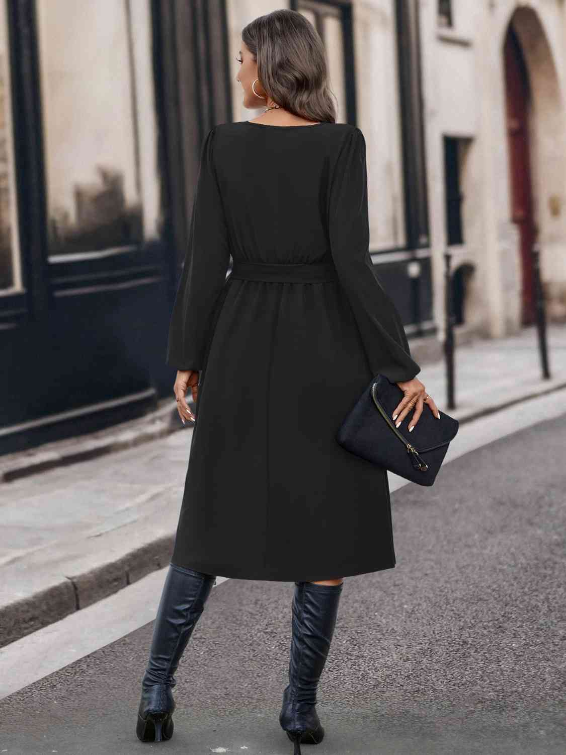 Buttoned Tie Front Long Sleeve Asymmetrical Neck Dress - Loulou Boutique