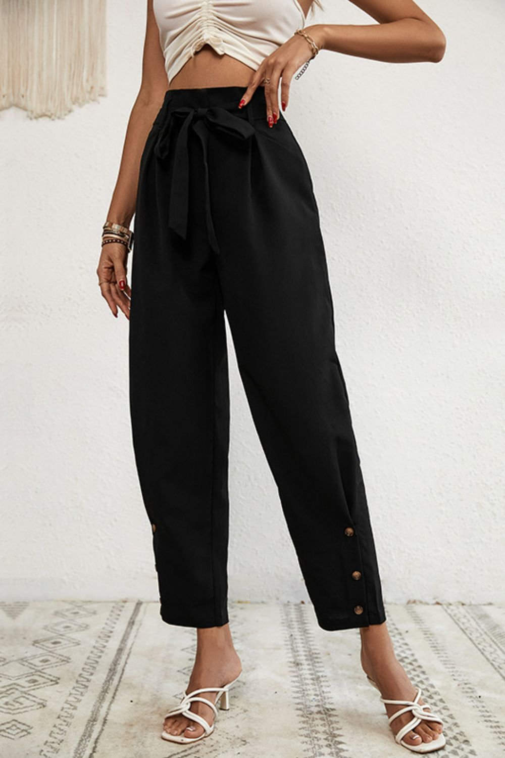 Buttoned Tie - Waist Cropped Pants - Loulou Boutique