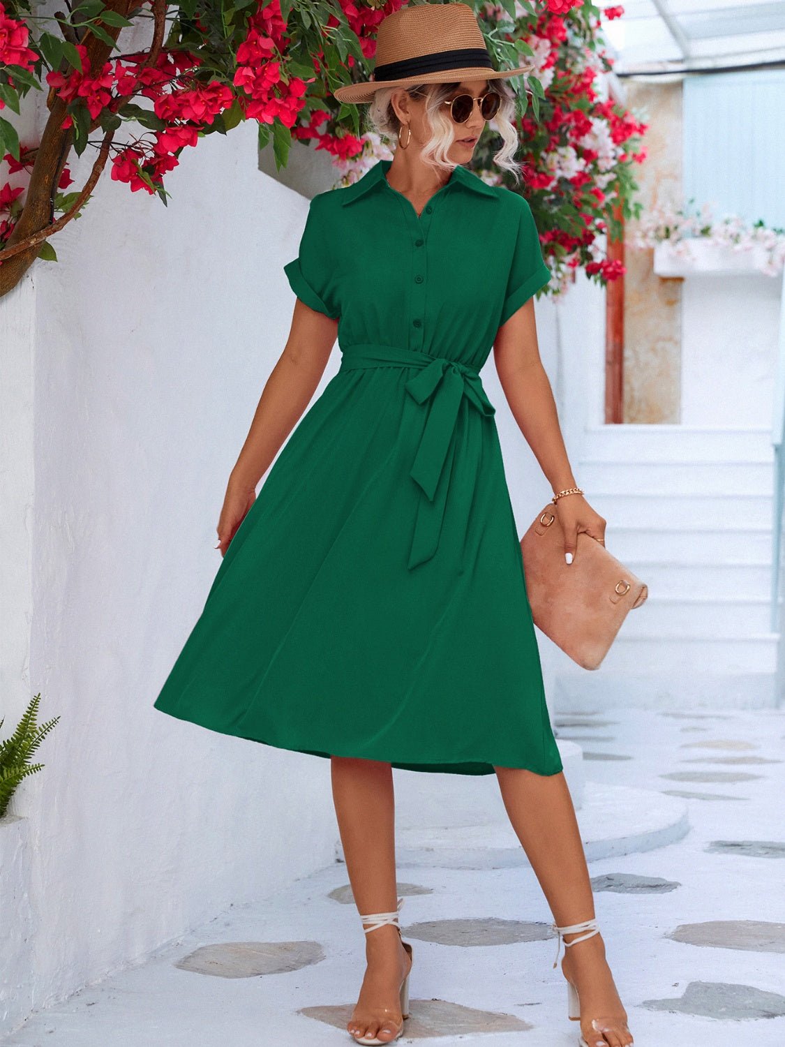 Buttoned Tie Waist Short Sleeve Dress - Loulou Boutique