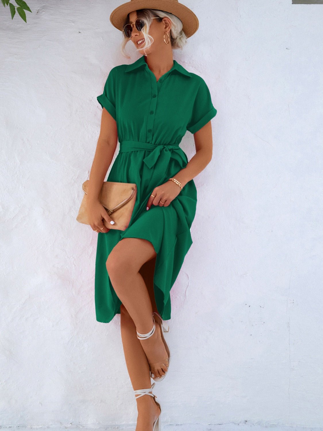 Buttoned Tie Waist Short Sleeve Dress - Loulou Boutique