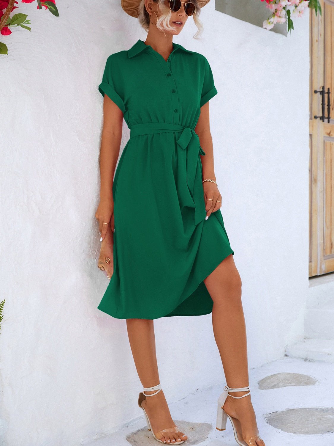 Buttoned Tie Waist Short Sleeve Dress - Loulou Boutique