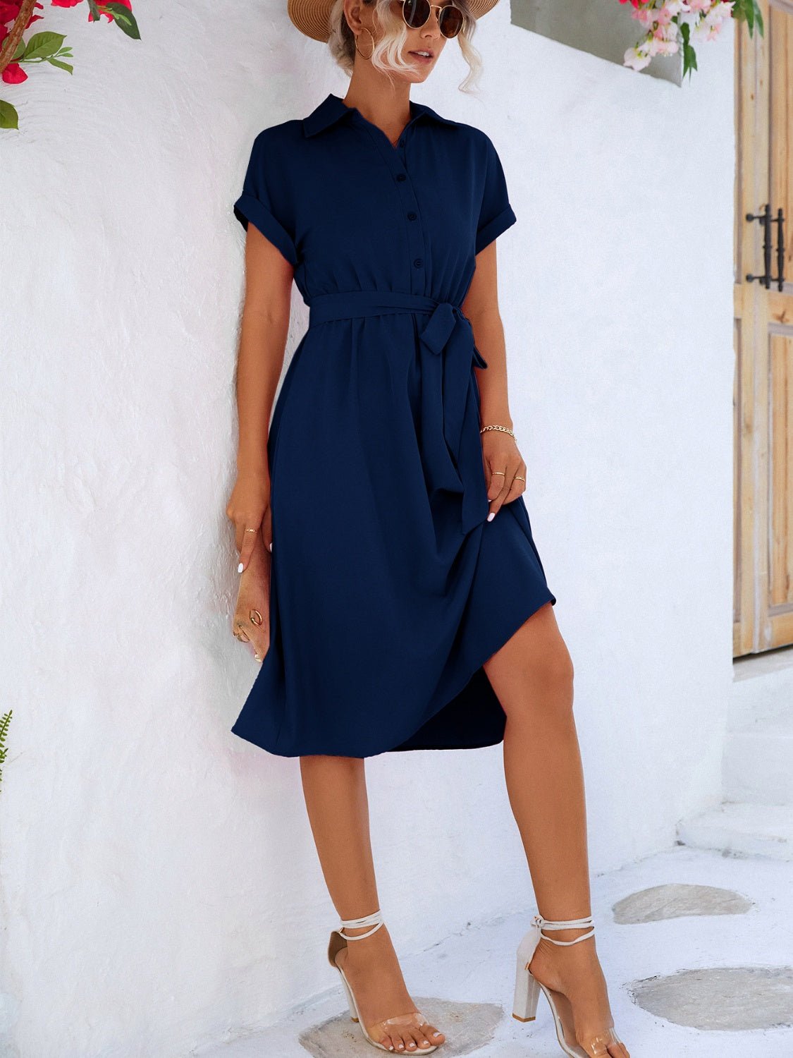 Buttoned Tie Waist Short Sleeve Dress - Loulou Boutique
