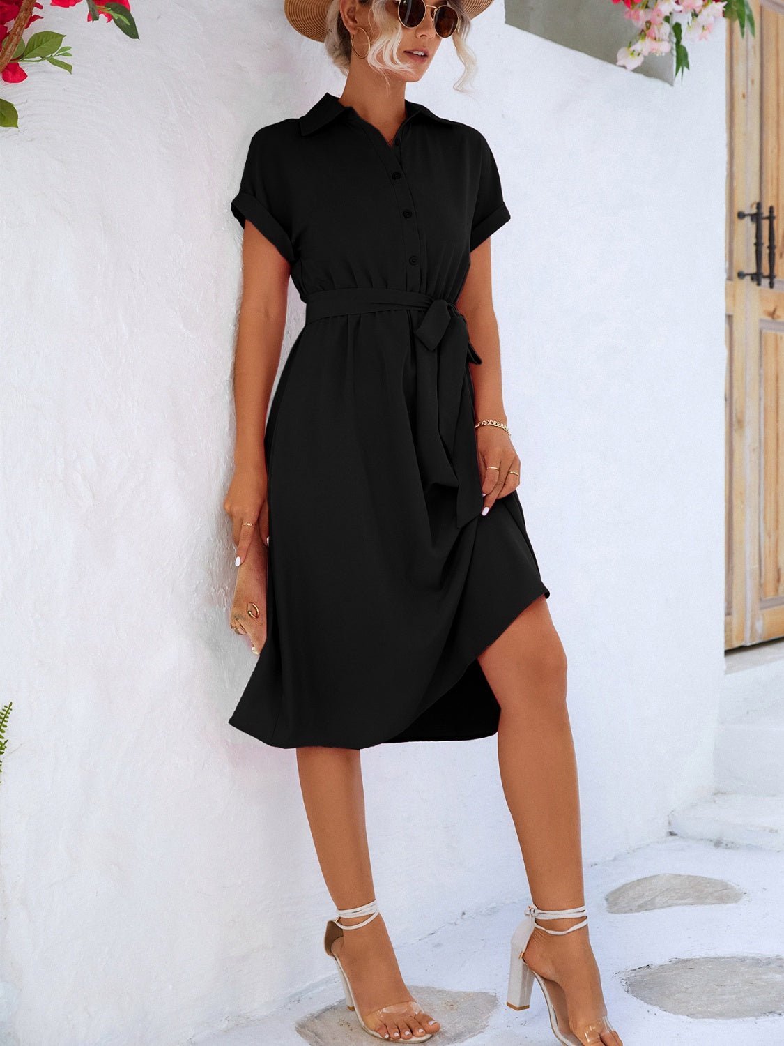 Buttoned Tie Waist Short Sleeve Dress - Loulou Boutique