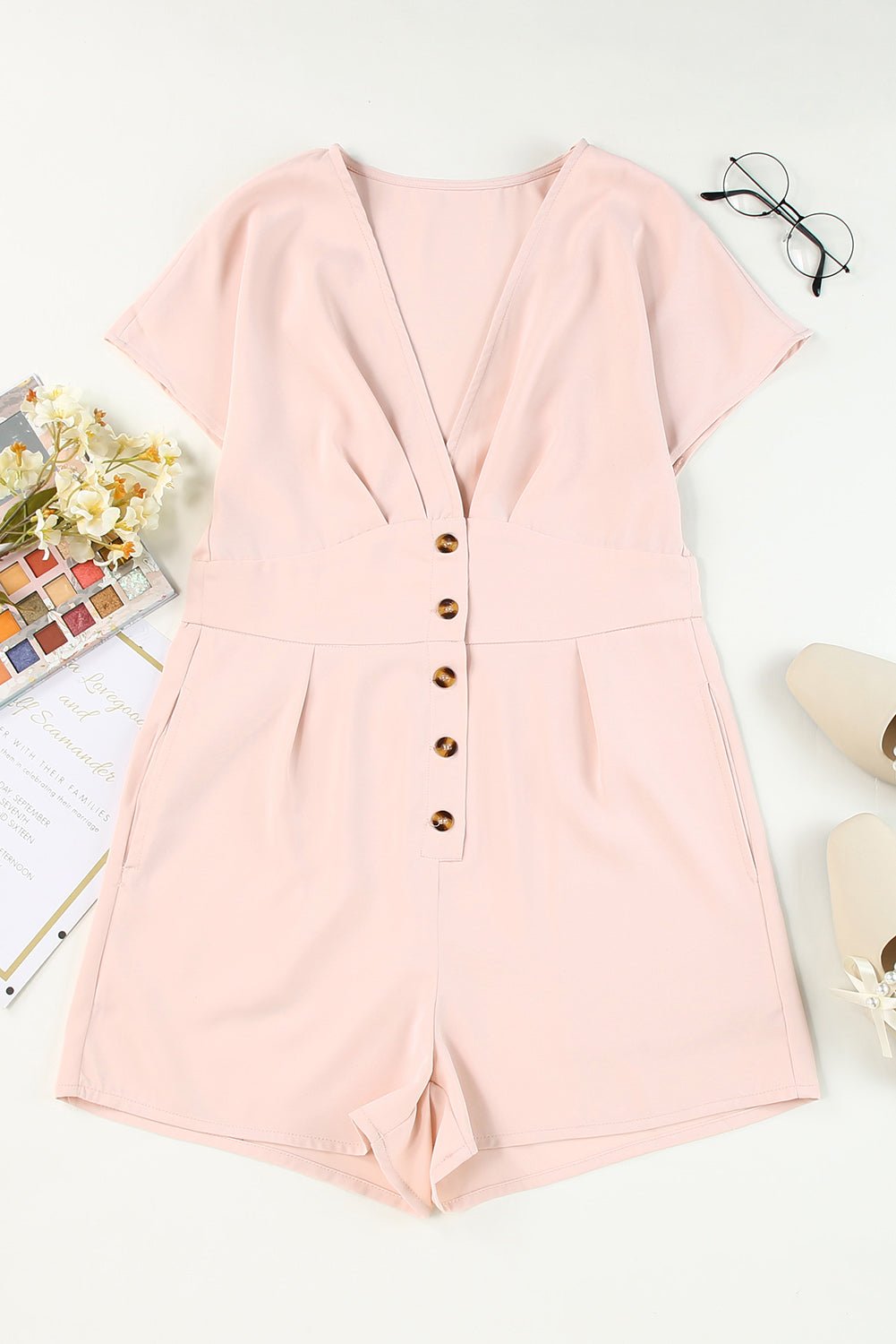 Buttoned V - Neck Short Sleeve Romper - Loulou Boutique