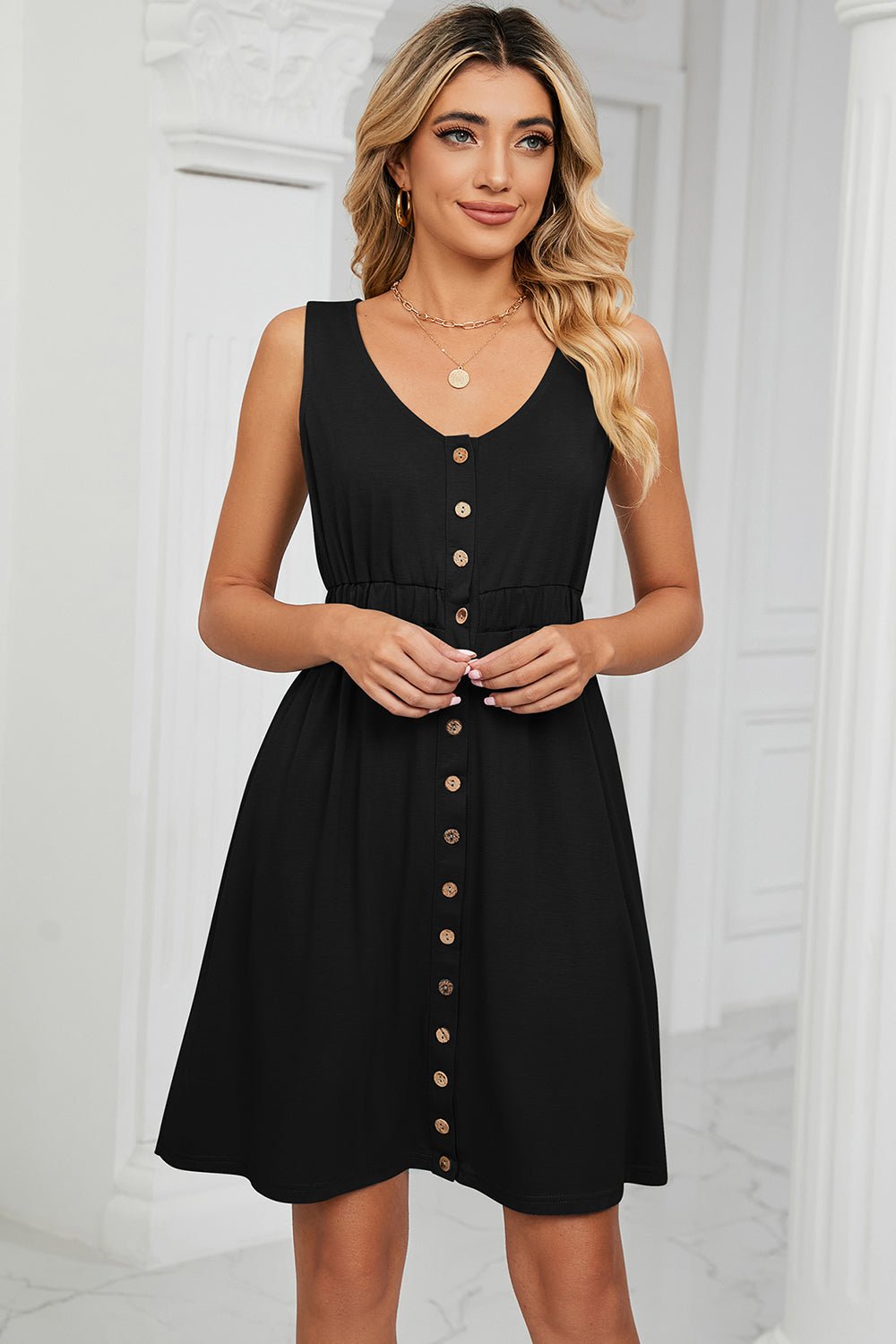 Buttoned Wide Strap Mini Dress - Loulou Boutique