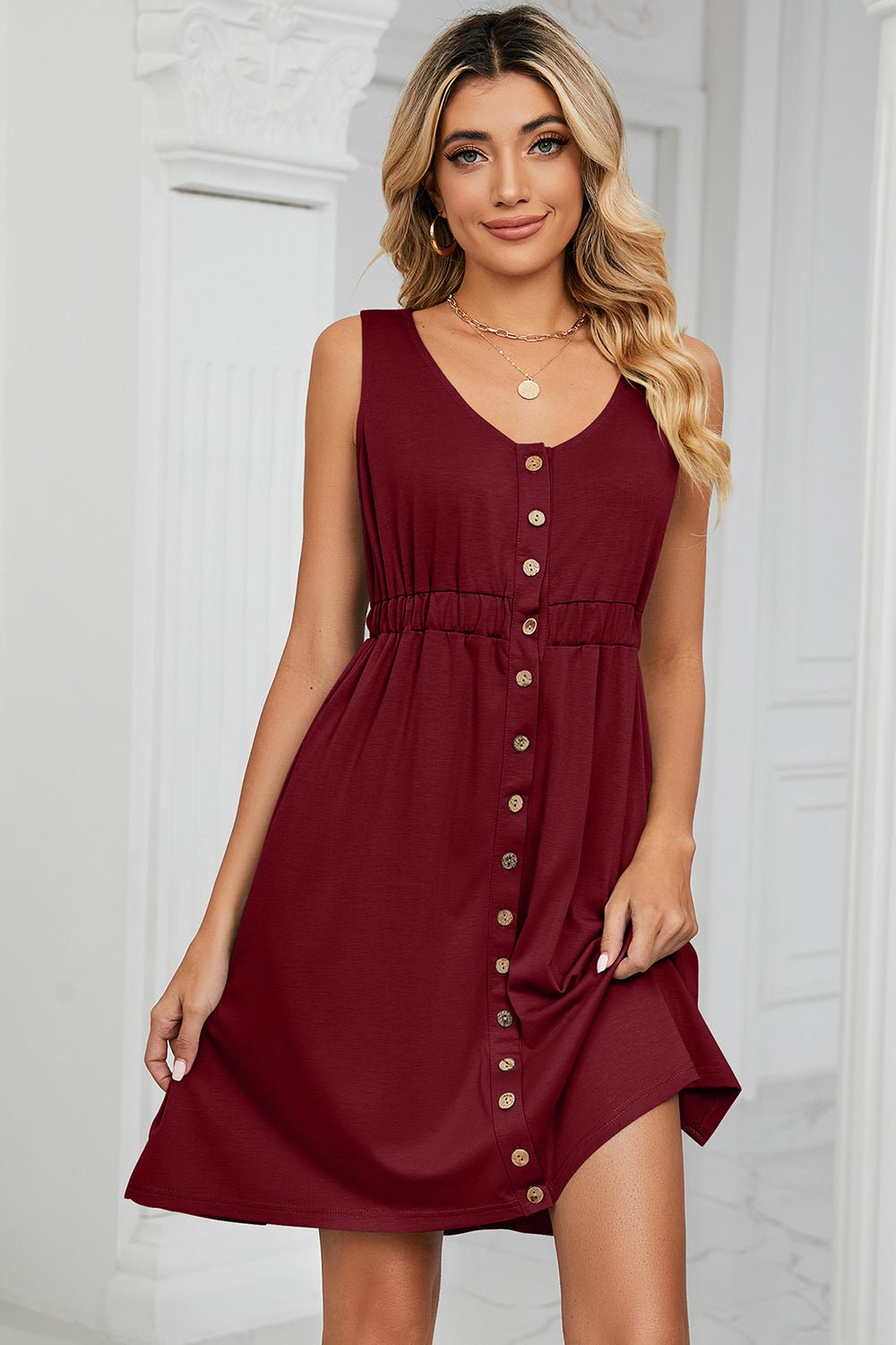 Buttoned Wide Strap Mini Dress - Loulou Boutique