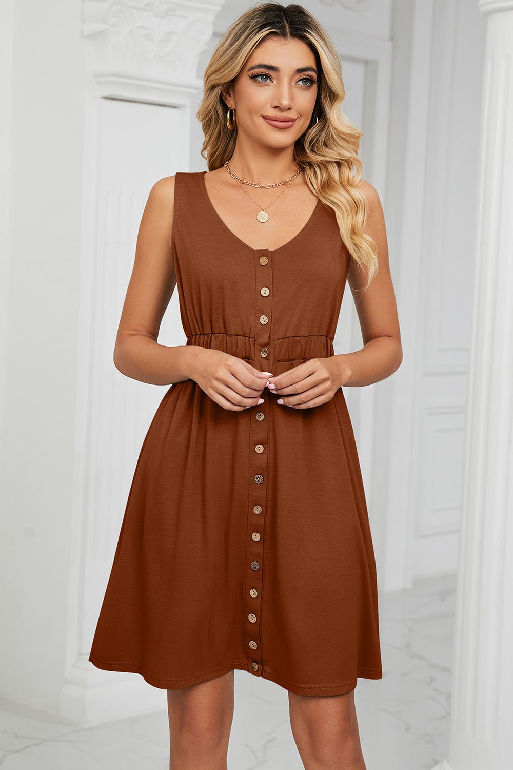 Buttoned Wide Strap Mini Dress - Loulou Boutique