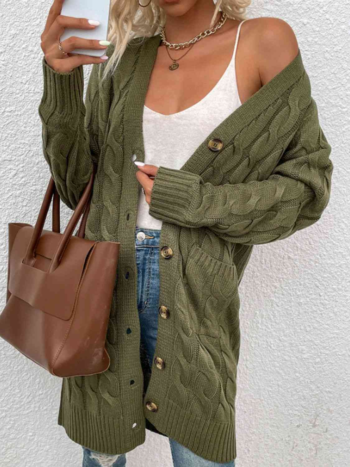 Cable - Knit Button Down Cardigan with Pockets - Loulou Boutique