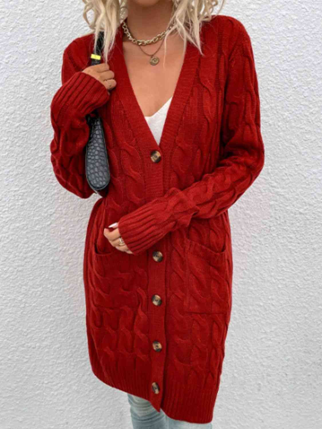Cable - Knit Button Down Cardigan with Pockets - Loulou Boutique