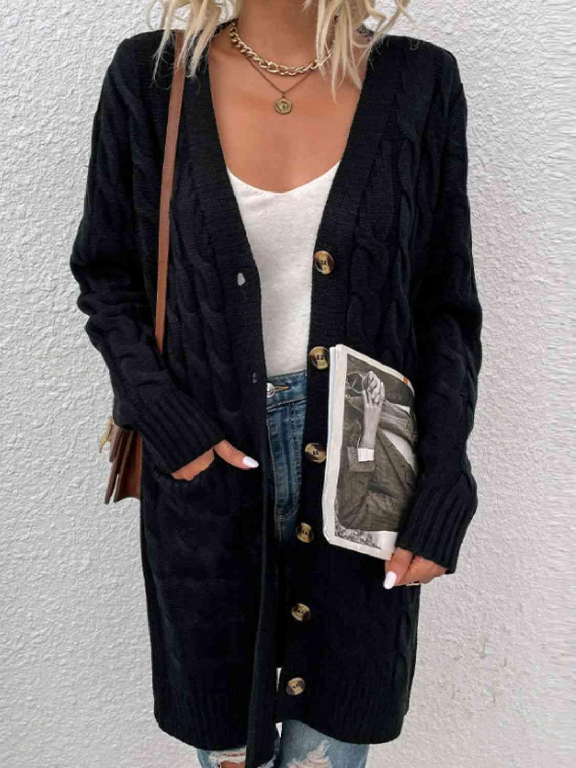 Cable - Knit Button Down Cardigan with Pockets - Loulou Boutique