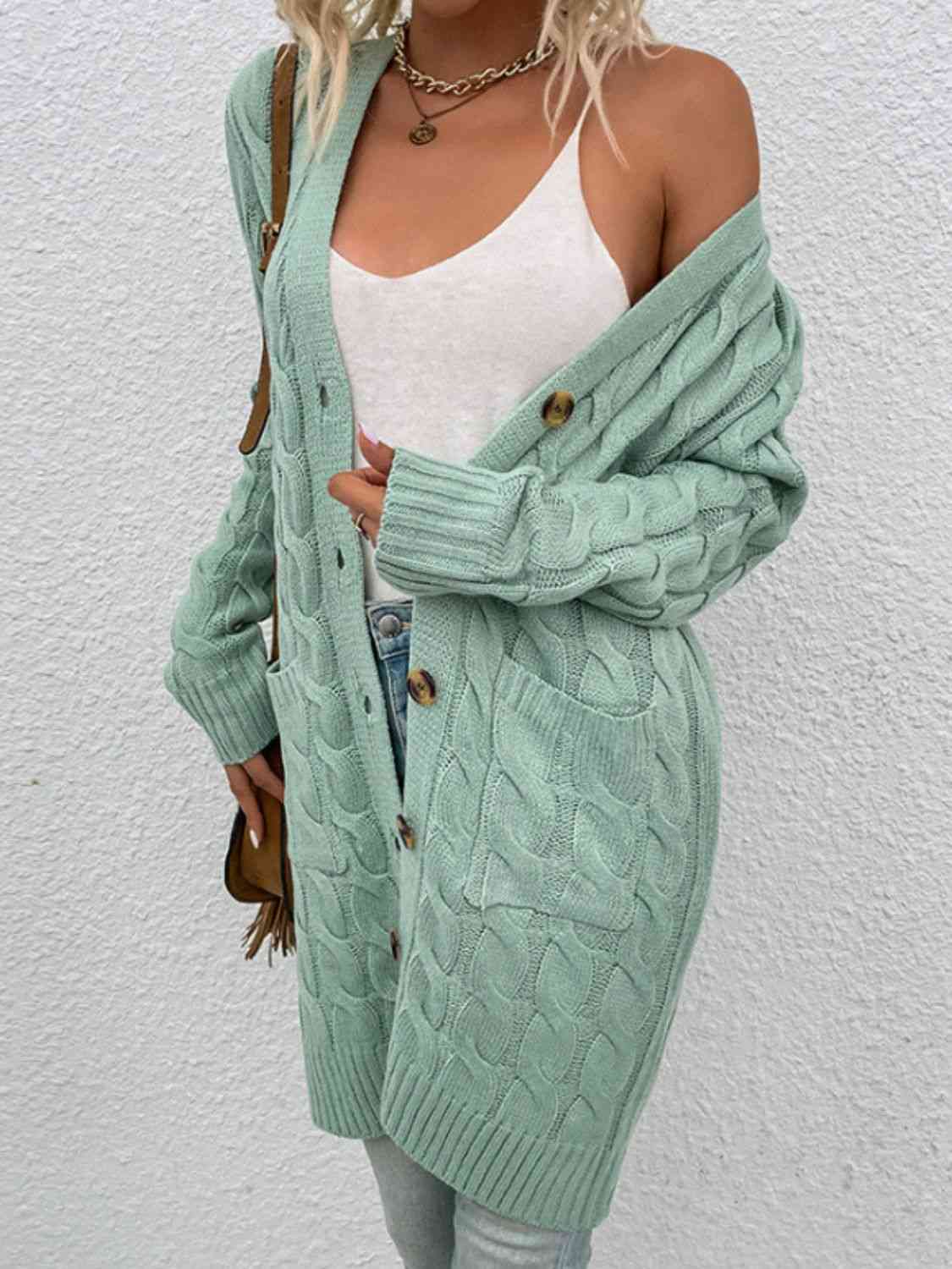 Cable - Knit Button Down Cardigan with Pockets - Loulou Boutique
