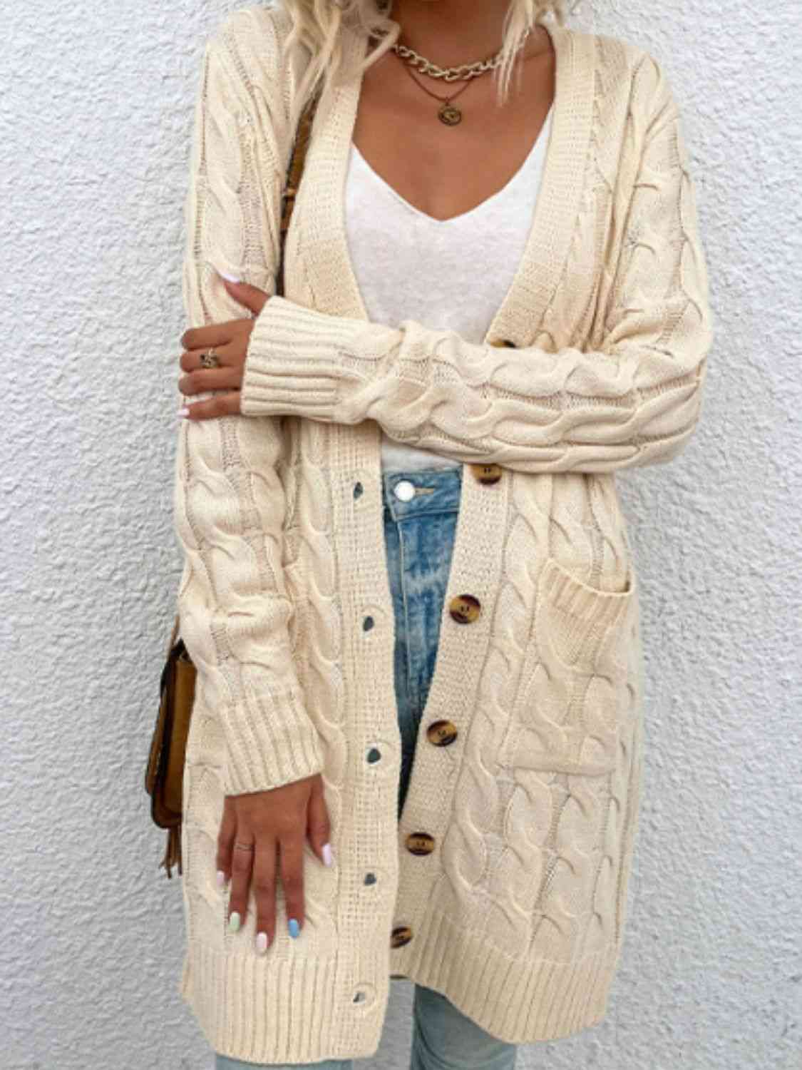 Cable - Knit Button Down Cardigan with Pockets - Loulou Boutique