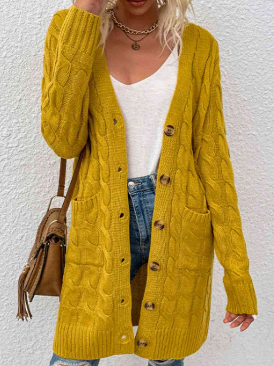 Cable - Knit Button Down Cardigan with Pockets - Loulou Boutique