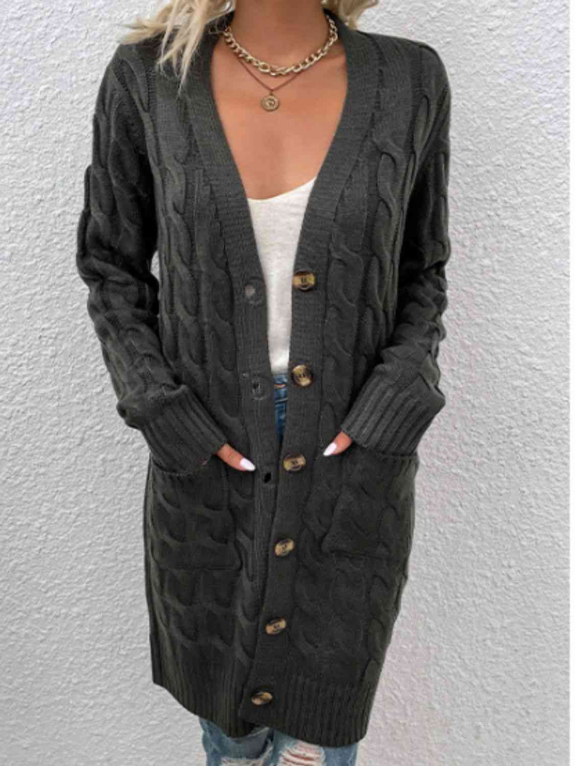 Cable - Knit Button Down Cardigan with Pockets - Loulou Boutique