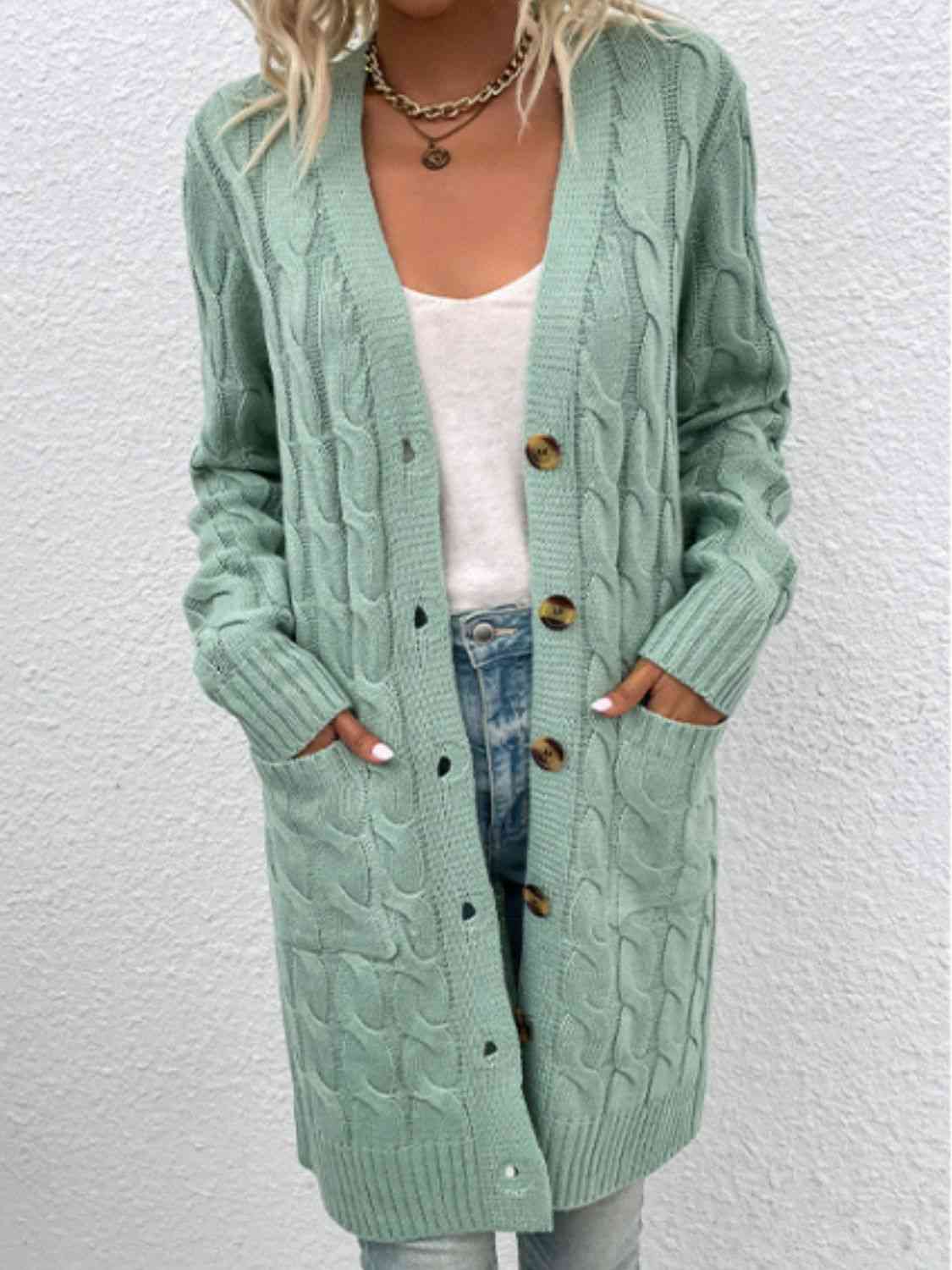 Cable - Knit Button Down Cardigan with Pockets - Loulou Boutique