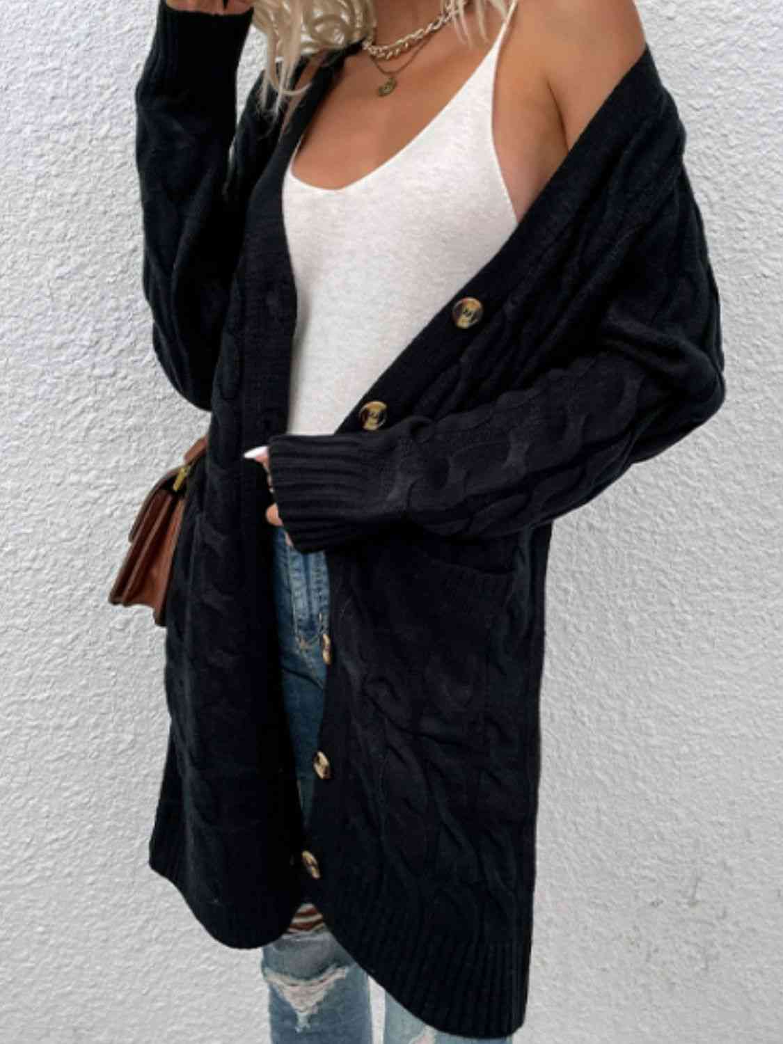 Cable - Knit Button Down Cardigan with Pockets - Loulou Boutique