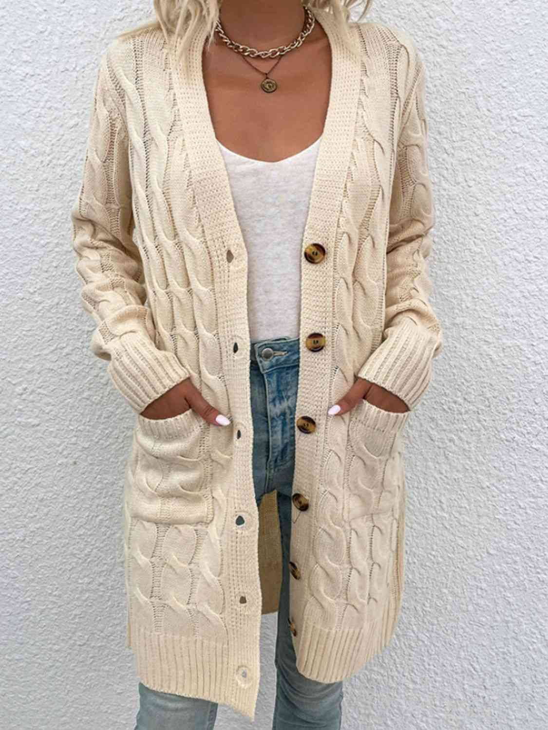 Cable - Knit Button Down Cardigan with Pockets - Loulou Boutique