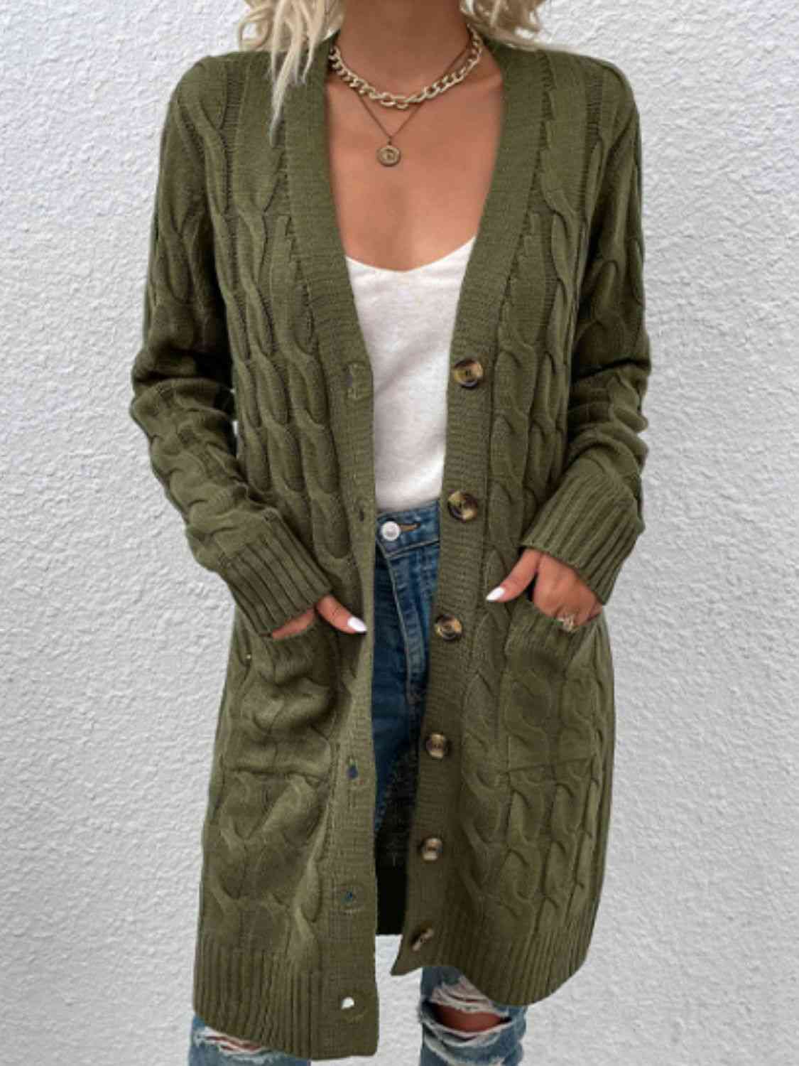 Cable - Knit Button Down Cardigan with Pockets - Loulou Boutique