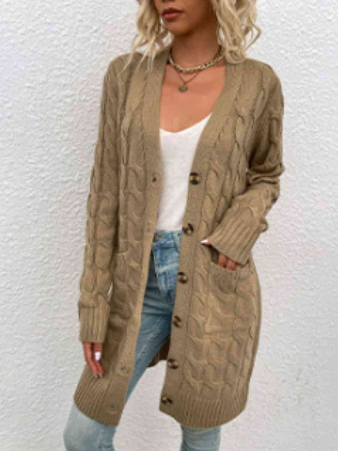 Cable - Knit Button Down Cardigan with Pockets - Loulou Boutique