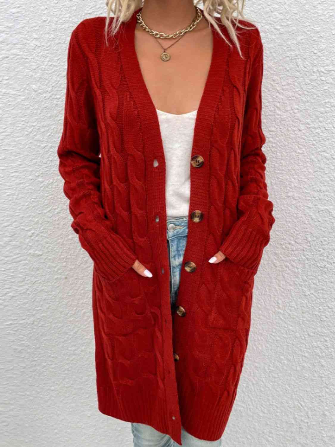 Cable - Knit Button Down Cardigan with Pockets - Loulou Boutique