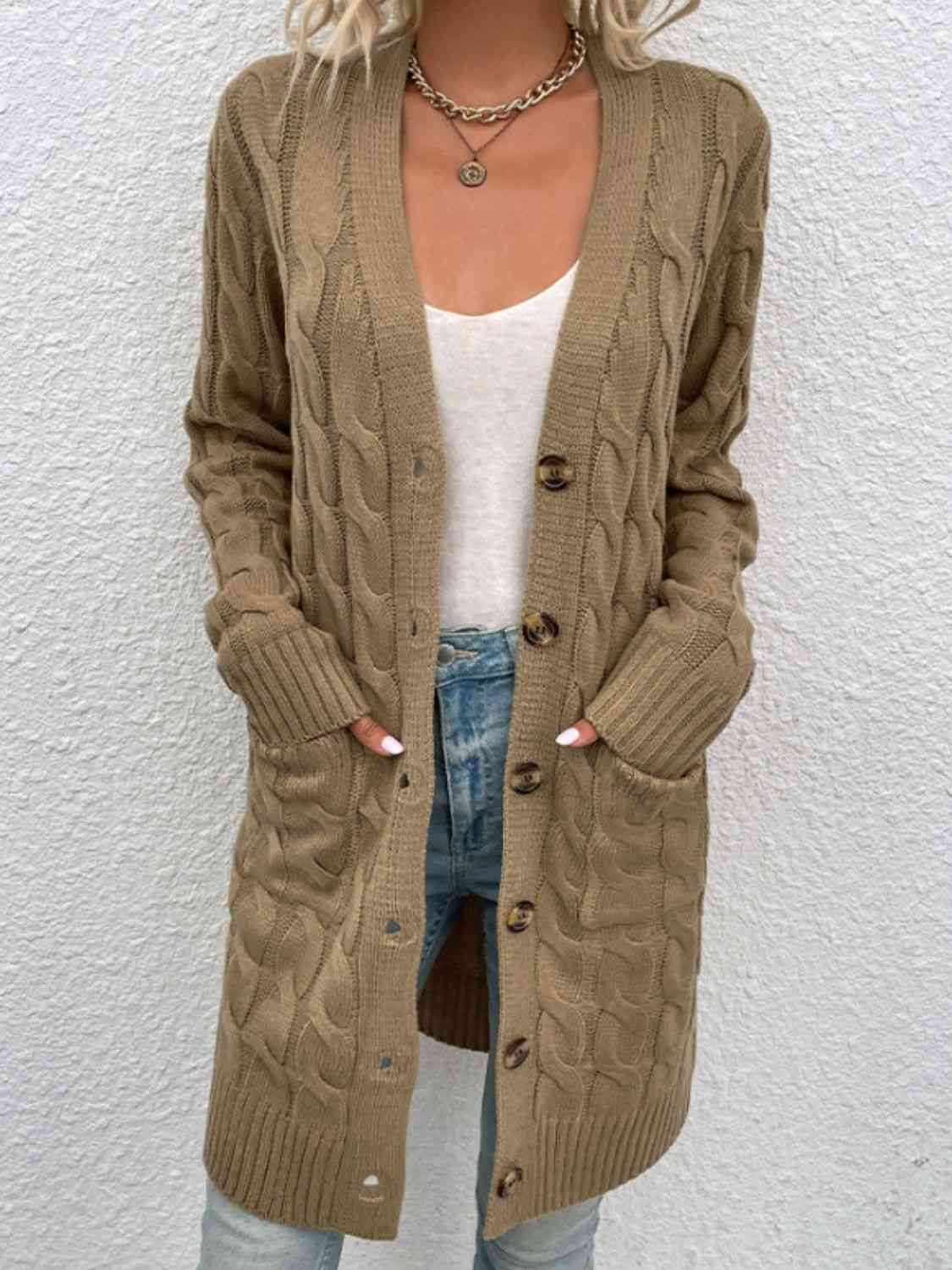 Cable - Knit Button Down Cardigan with Pockets - Loulou Boutique