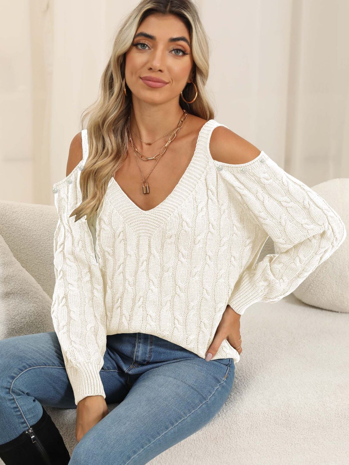 Cable - Knit Cold Shoulder Sweater - Loulou Boutique