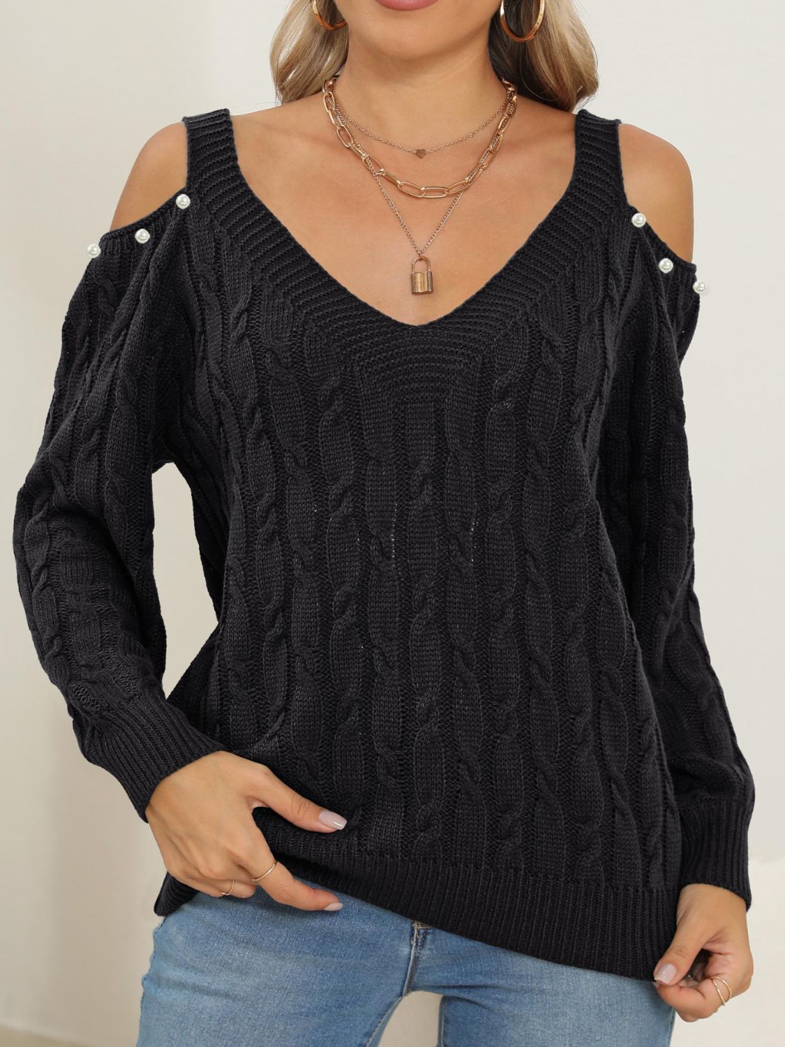 Cable - Knit Cold Shoulder Sweater - Loulou Boutique
