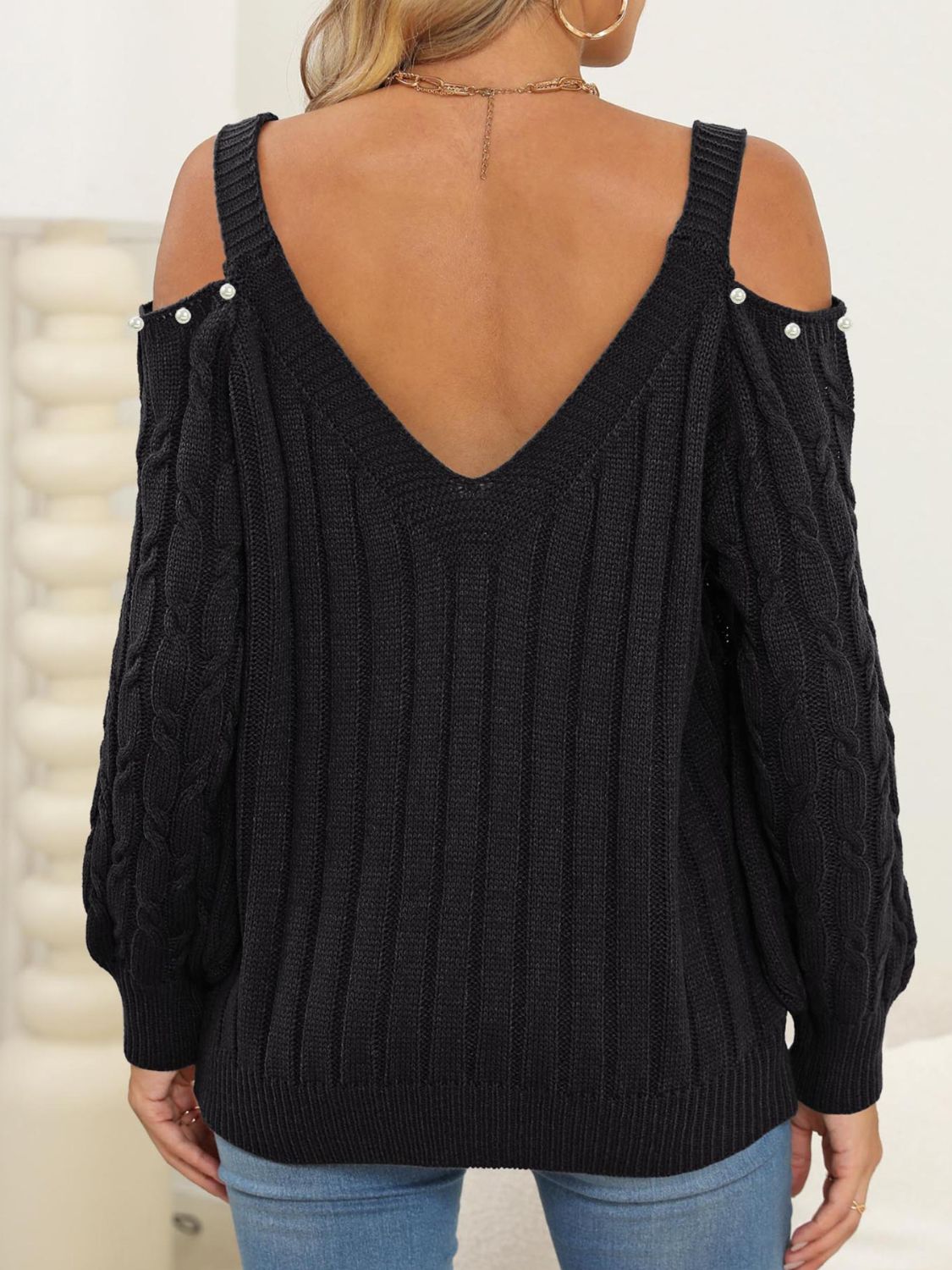 Cable - Knit Cold Shoulder Sweater - Loulou Boutique