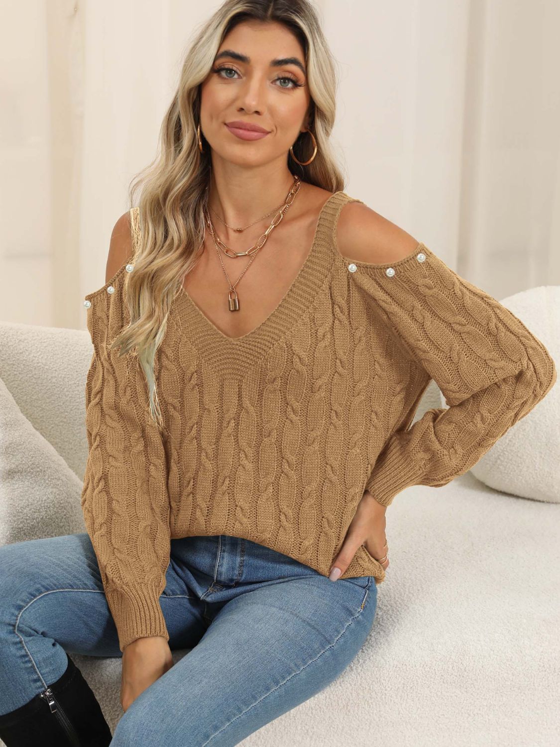 Cable - Knit Cold Shoulder Sweater - Loulou Boutique