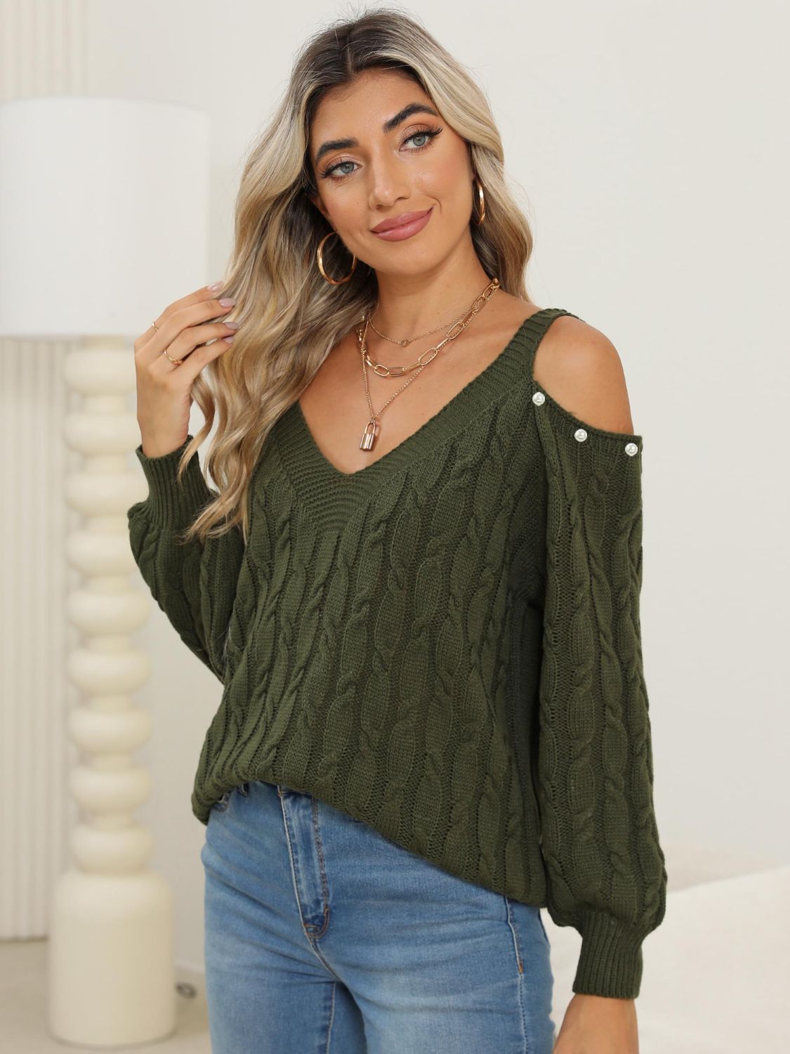 Cable - Knit Cold Shoulder Sweater - Loulou Boutique